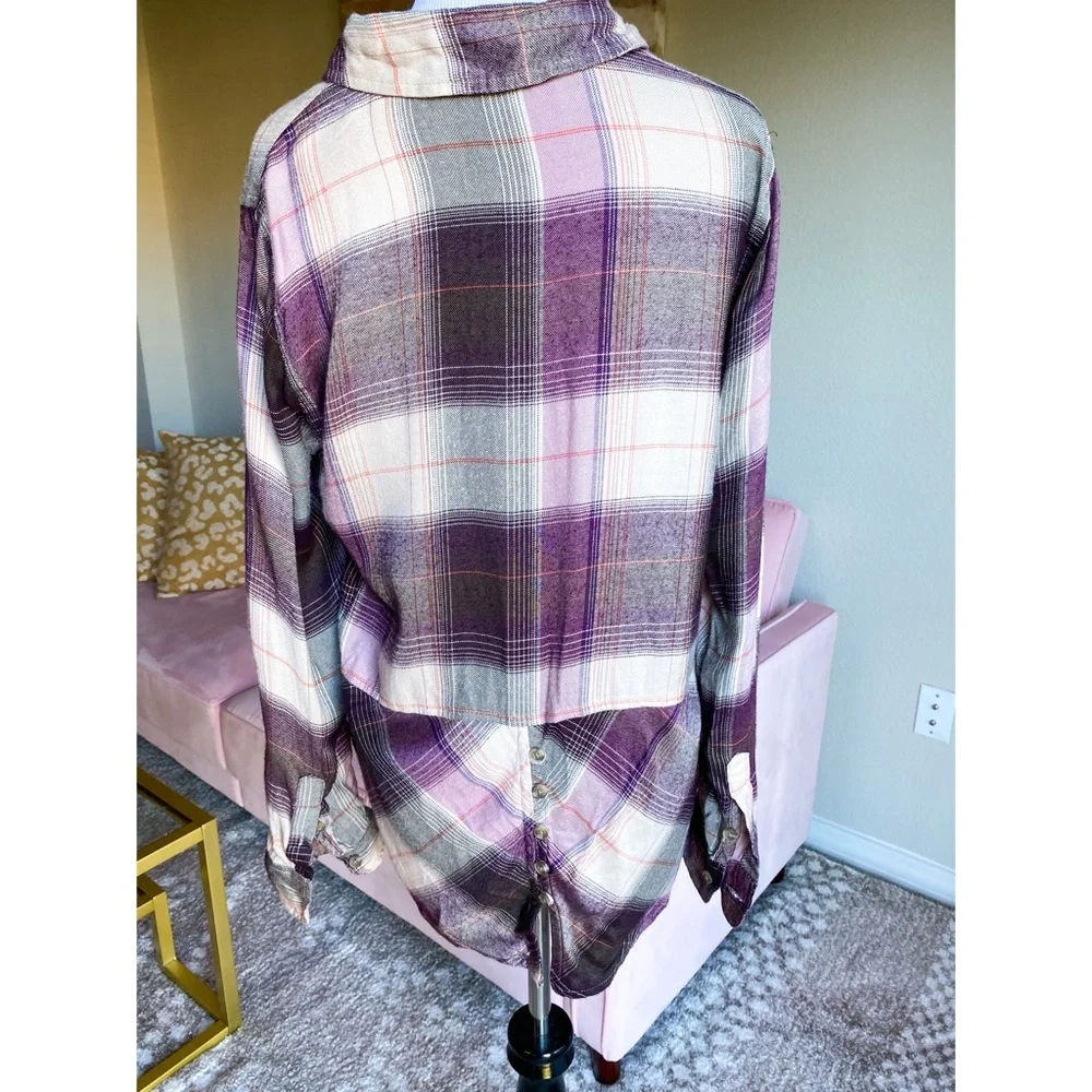 Lucky Brand Plaid Purple Cream Long Sleeve Flannel with Back Button Detail Small - Picture 2 of 9